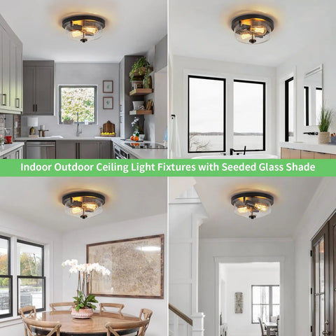 Brushed Nickel Two Light Flush Mount Ceiling Fixture With Seeded Glass Shade for Indoor Outdoor Use in kitchen and entryway