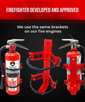 Heavy Duty Fire Extinguisher Wall Mount Bracket No Brainer Install For Two Point Five Lb And Five Lb Extinguishers, red bracket with extinguishers