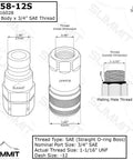 Diagram of High Flow Flat Face Skid Steer Quick Connect Couplers Set 5/8 Inch Body To 3/4 Inch SAE Thread ISO 16028 Interchange