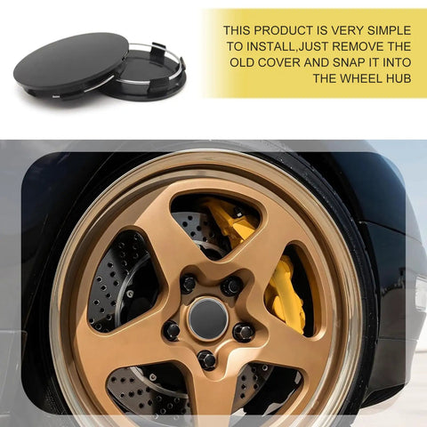 4 Pack Universal Car Wheel Center Caps Sixty Millimeter Outer Diameter Fifty Six Millimeter Inner Bore Tough As Nails ABS Plastic Snap On Rim Hub Caps shown on gold alloy wheel.