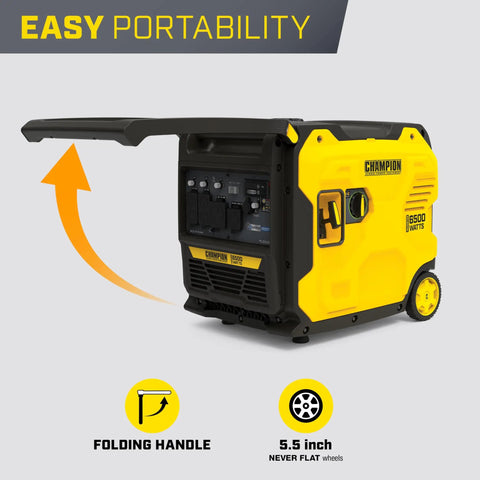 Yellow 6500-Watt RV Ready Portable Inverter Generator with folding handle and wheels for easy portability
