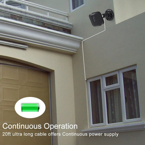 Outdoor security camera connected with Two Pack 20Ft Power Extension Cable For Indoor And Outdoor Security Cameras Including Wyze Cam V4 V3 Pan OG Nest Cam Blink And Cloud Camera USB To Micro USB Charging And Data Sync Cord Plug And Play showing continuous power operation.