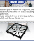 Cleaning instructions for Gas Stove Burner Grate Replacement Set 8.5 By 8.5 Inches Cast Iron For GE Ranges Built To Last Durable Cast Iron Grate Pack Of 4 Replacement Parts Replaces 770157 AH244198 with background kitchen utensils