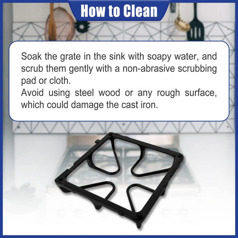 Cleaning instructions for Gas Stove Burner Grate Replacement Set 8.5 By 8.5 Inches Cast Iron For GE Ranges Built To Last Durable Cast Iron Grate Pack Of 4 Replacement Parts Replaces 770157 AH244198 with background kitchen utensils