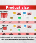 Product size chart for Top Tier Heavy Duty Automotive Fuses Assortment Kit 250 Pieces with various amperages and dimensions.