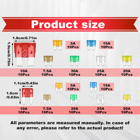 Product size chart for Top Tier Heavy Duty Automotive Fuses Assortment Kit 250 Pieces with various amperages and dimensions.