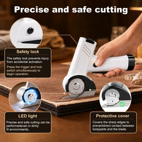 Top Rated Cordless Electric Scissors With 4 Speed Settings And Five Spare Blades showing safety lock, LED light, and protective cover for safe cutting.