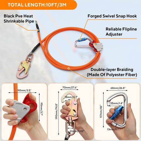 Top Rated 10ft Steel Wire Core Flipline And 3300 Lbs Arborist Positioning Lanyard Kit Featuring Cut Resistant Galvanized Aircraft Cable For Heavy Duty Tree Work And Pro Rig Built Tough, detailed components and snap hook.