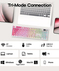 Level Up Your Desktop Rig With This Full Size Mechanical Keyboard Featuring A Built In Display And Tuning Dial 104 Keys Built Different For Comfort With A Huge 8000Mah Battery For Flawless Typing with tri-mode connection and colorful keys.