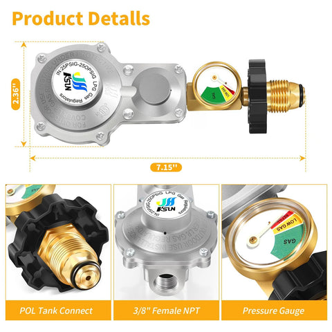 Two-stage propane regulator for RVs with POL, NPT, and pressure gauge features shown.