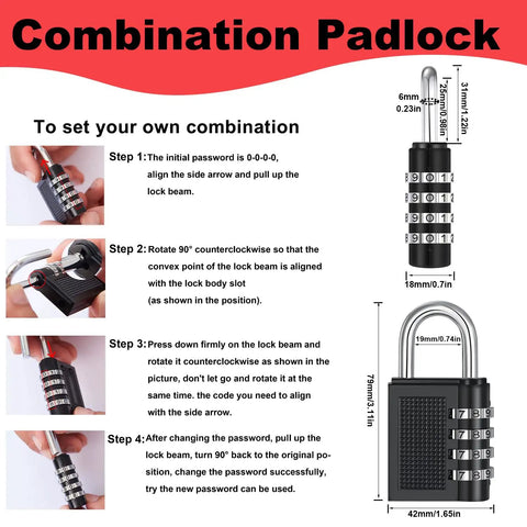 Combination padlock usage instructions with labeled dimensions, featuring a four-digit coded lock for secure outdoor use.