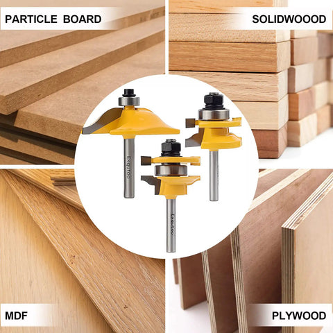 Three Piece One Quarter Inch Shank Router Bit Set for Raised Panel Cabinet Doors and Window Frames, cemented carbide for wood cutting.