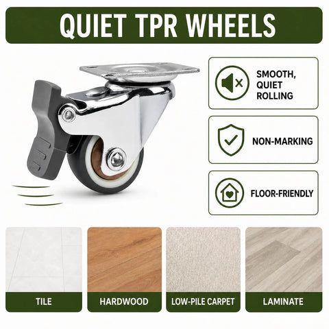 Top Notch 1 Inch Swivel Caster Wheels Set Of 4 Featuring Rock Solid Brake Locks for couches, tables, and planters. TPR wheel design.