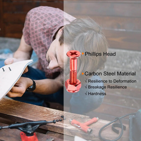 Orange 1 Inch Skateboard Screw And Nut Set For Cruiser With Flat Head Bolts And Nuts Eight Pieces Carbon Steel Grade 8.8 25mm Length Includes Screws And Nuts shown with installation instructions in use.