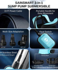 Beast High Flow Submersible Sump Pump with 33-foot cord, stainless steel, portable handle, float switch, and multi-size adapters