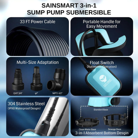Beast High Flow Submersible Sump Pump with 33-foot cord, stainless steel, portable handle, float switch, and multi-size adapters