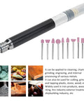 Air Powered Pencil Die Grinder Kit for One Hand Use Micro Polishing and Engraving Tool with attachments and uses displayed