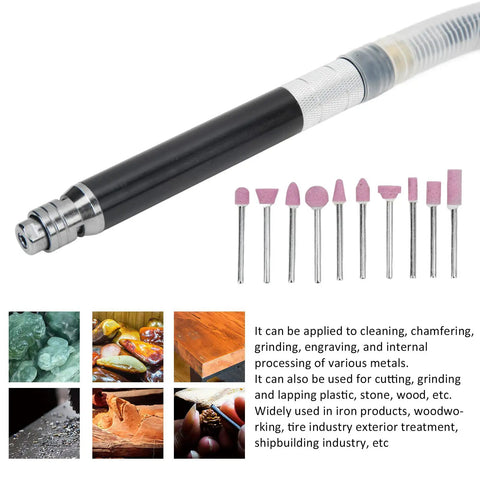 Air Powered Pencil Die Grinder Kit for One Hand Use Micro Polishing and Engraving Tool with attachments and uses displayed