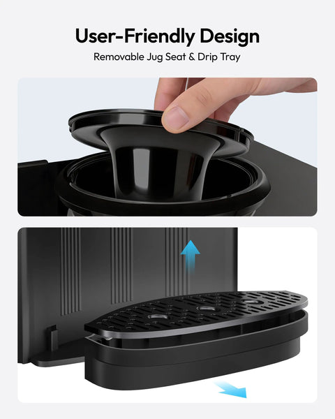 Countertop Water Dispenser With Three Temperature Settings showing removable jug seat and drip tray for easy cleaning.