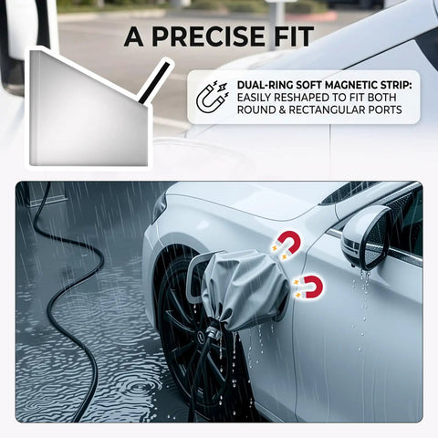 Rock Solid EV Charger Cover With Hella Tough Waterproof Oxford Fabric And Secure Magnetic Strip for outdoor use in rain.