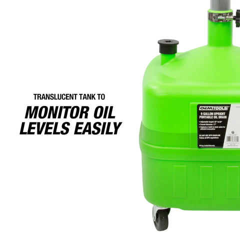 9 Gallon Oil Drain Pan With 17 Inch Funnel, Adjustable Height From 32 To 62 Inches, Portable Oil Change Container, translucent tank close-up