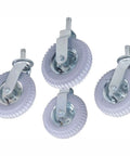 Smooth Rollin Pneumatic Wheel Caster Set Featuring Two Rigid And Two Swivel Units With Bully Proof Eight Inch Tires And Protective Donut Bumpers, four gray wheel casters.