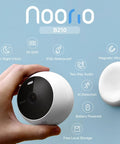Wireless Outdoor Security Camera 2K With AI Motion Detection, Battery Powered, shown handheld with feature icons on blue background