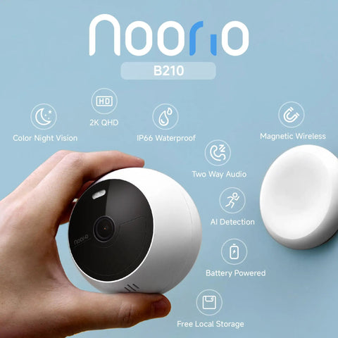 Wireless Outdoor Security Camera 2K With AI Motion Detection, Battery Powered, shown handheld with feature icons on blue background
