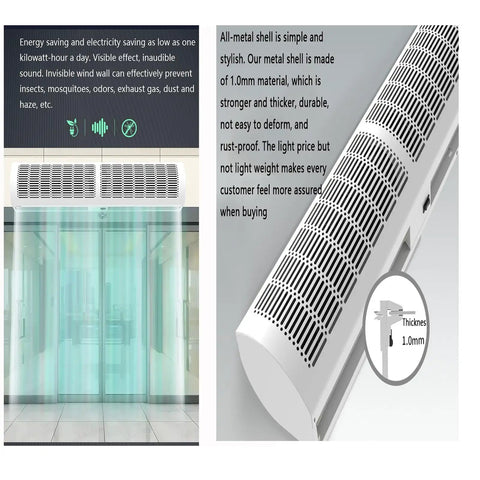 Heavy Duty Wall Mount Air Curtain With Dual Speed Remote Fast Hot And Cold Airflow Blocks Drafts Pests And Dust with metal shell.