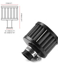 12Mm Air Filter Cold Air Intake Breather For Cars And Motorcycles, Turbo Vent Air Cleaner Universal Black, front view with dimensions