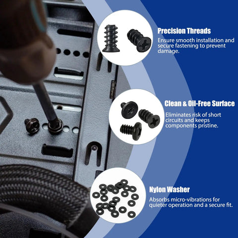 Detailed view of Mega 507 Piece All In One Pro Grade Computer Screw Kit showcasing precision threads, screws, and nylon washers.