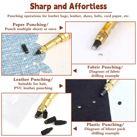Premium Adjustable Leather Hole Punch Tool With Five Brass Drill Bits From 1.5MM To 4.0MM used for paper, fabric, leather, and plastic punching.