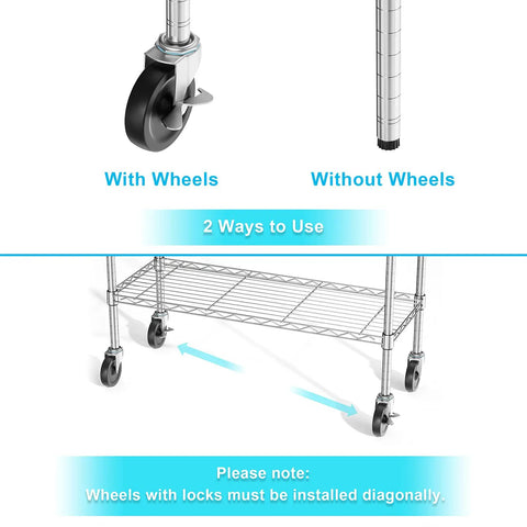 Three Tier Storage Shelves On Casters Heavy Duty Chrome Metal Shelving With Locking Wheels, Rust Resistant Garage Organizer For Home, Workshop Or Laundry, Mobile Shelving Rack with lock wheels installed diagonally