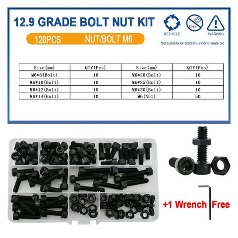 Beefed Up Alloy Steel 12.9 DIN912 Hex Socket Cap Bolts And Nuts Kit For M2 M3 M4 M5 M6 Heavy Duty Socket Head Fasteners With Matching Nuts Ideal For Automotive Motorcycle Bike Machinery And DIY Projects, M6 kit with bolts, nuts, and wrench