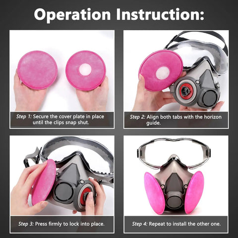 Installation steps for All-In-One Half Face Respirator With Anti-Fog Goggles For Woodworking Dust And Allergens.