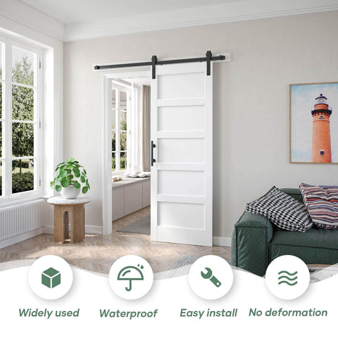 White 30x84 Inch Barn Door With 5.5 Foot Sliding Hardware Kit included and Handle Solid Wood and MDF Core with PVC Surface Installed