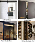 48 Inch Concealed Sliding Barn Door Hardware Kit For Interior Wooden Doors Heavy Duty Hidden Track System Quiet Smooth Slide Adjustable Fit Modern Hidden Barn Door Hardware Set For Home Hallways And Closets; bathroom, closet, room divider, and hidden bookcase door views.