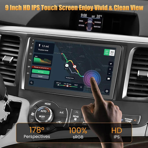 Toyota Sienna 2011 2014 Car Radio With Android 13, 4GB RAM 64GB ROM, showing GPS navigation on 9-inch IPS touch screen