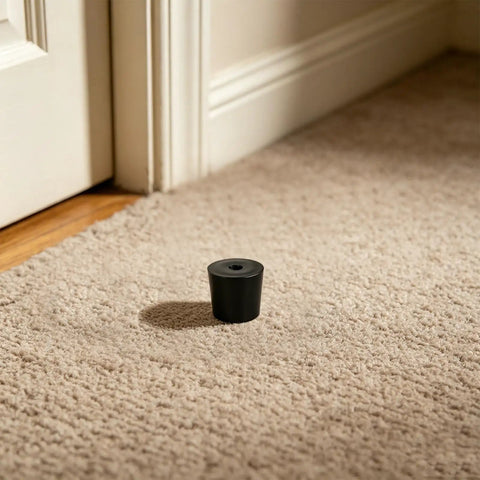 Black Rubber Wall Mounted Door Stopper Set 10 Pack Anti Scratch And Stable Floor Mount, shown on carpet, prevents door impact