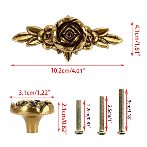 Euro Rose Floral Ivory Cabinet Knobs With Backplates Set Of 5, detailed measurements and included screws for dresser and cupboard use.