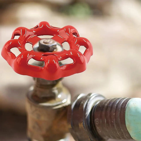 No Fuss Cast Iron Faucet Handle With Bold Red Wheel Grip on a garden valve, 43mm OD, heavy duty, rust resistant.