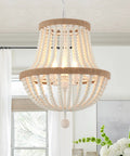 3 Light Boho Farmhouse Chandelier With Wood Bead Pendant Light Rustic Antique Hanging Fixture in a bright airy room
