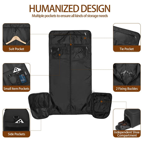 Seyfocnia rolling garment bag in black, open to show multiple pockets and a shoe compartment