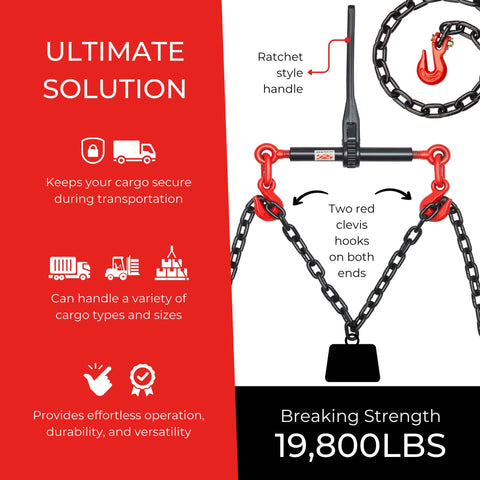 Diagram of Beefed Up 6600 Lbs WLL Ratchet Chain Binders for 5/16 and 3/8 Grade 70 Chains with labeled components.