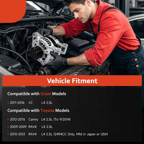 Mechanic installing Alternator Replacement 2.5L For 2012 2015 Toyota Camry 2.5L RAV4 2009 2012 Scion tC 2011 2016 12V CW Rotation