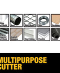 DEWALT metal shear/cutter drill attachment collage showing 18-24ga sheet metal, duct, steel mesh; yellow MULTIPURPOSE CUTTER
