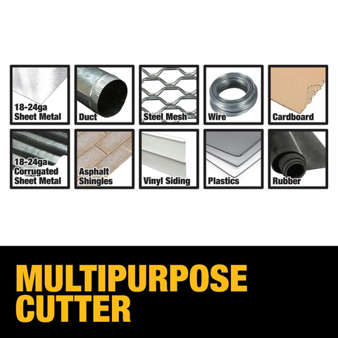DEWALT metal shear/cutter drill attachment collage showing 18-24ga sheet metal, duct, steel mesh; yellow MULTIPURPOSE CUTTER