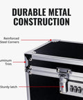 Locking Medicine Box With Combination Lock For Safe Medication Storage Portable Metal Lock Box For Pills And Valuables Small Code Protected Storage Case Black showing corner details with aluminum trim and sturdy latch.