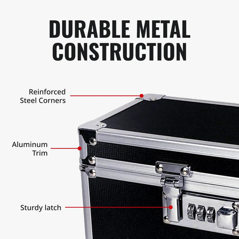Locking Medicine Box With Combination Lock For Safe Medication Storage Portable Metal Lock Box For Pills And Valuables Small Code Protected Storage Case Black showing corner details with aluminum trim and sturdy latch.