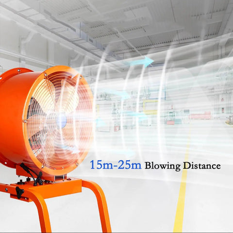 Heavy Duty 24 Inch Industrial Post Fan Built Tough Metal Frame Blows Hard With High Velocity Oscillating Head adjustable tilt in a warehouse.